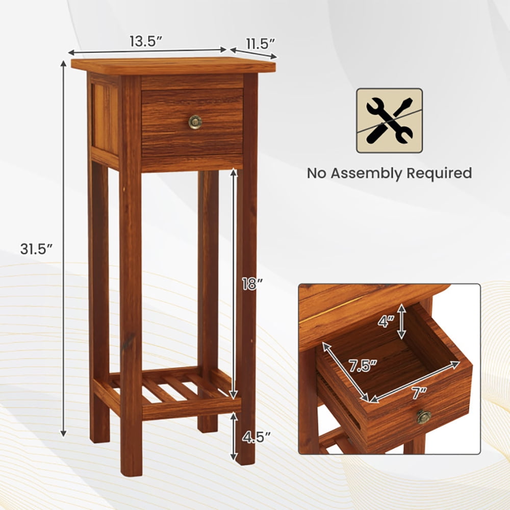 Finihen Side Table, Sofa Side Table, Bed Side Table, 2 Tier Slim Nightstand Bedside Table with Drawer Shelf, for Living Room, Bedroom, Brown