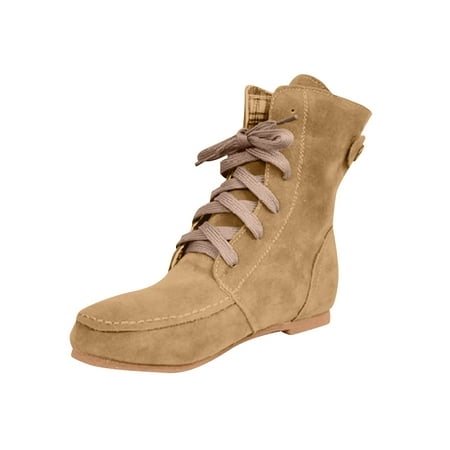 

Lyinloo Women Fashion Lace-up Flat Heel Short Boots Pointed Toe Warm Snow Boots Beige 39