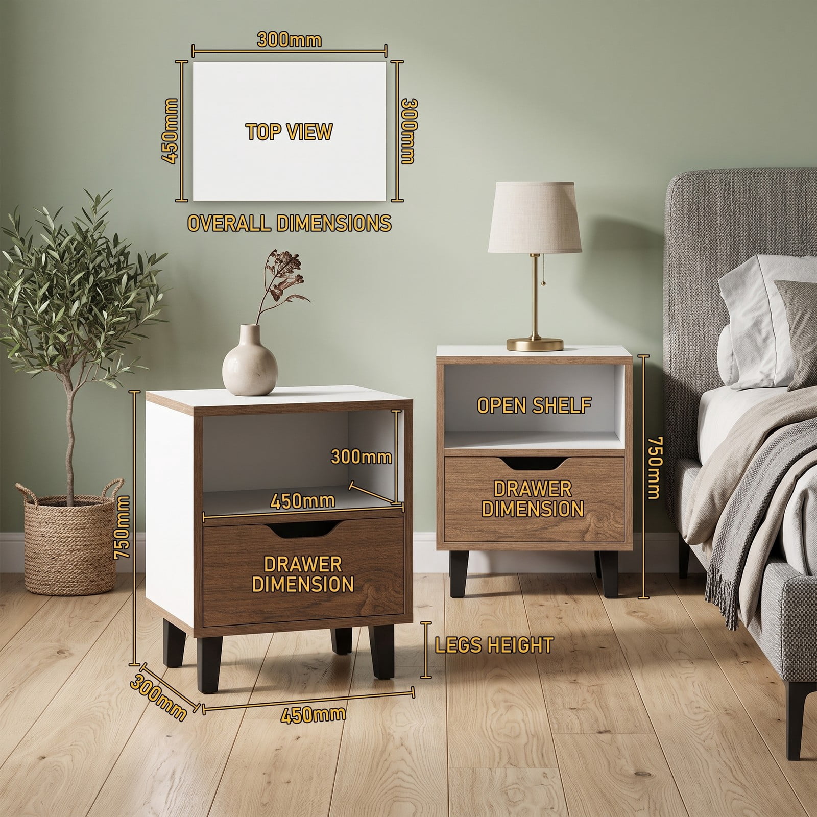 Furnibear Nightstand Set of 2 with Drawer and Open Storage Shelf for Bedroom Living Room and Small Spaces, White and Natural