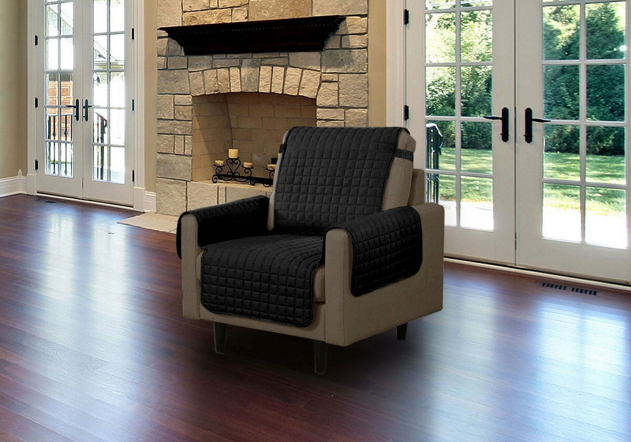 Linen Store Furniture Protector, Quilted Microfiber Machine Washable Cover with Tucks & Elastic Strap Perfect for Kids, Dogs, Pets (Black, Recliner)