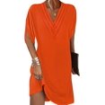 thumbnail image 3 of Hiborth, vestido con cuello en V y manga de murciélago, elegante, holgado, para mujer, cuello en V, plisado, medio Color sólido, suave, transpirable, para ir por encima de la rodilla, 3 of 5