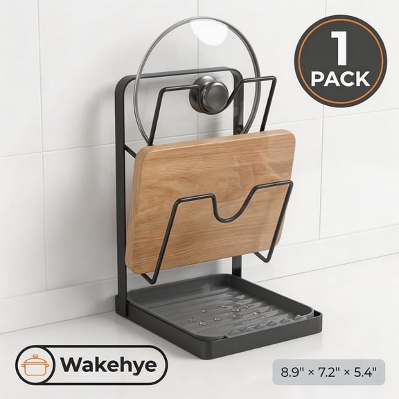 Kitchen Pot Lid Storage Rack 2 Layer Carbon Steel Pot Lid Holder with Bottom Tray Multifunctional Kitchen Pot Lid Organizer for Countertop
