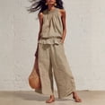 thumbnail image 3 of Linen Sets for Women 2 piece Sleeveless Ruffle Top Wide Leg Pants Matching Set Summer Beach Vacation Outfits,Khaki,S, 3 of 7