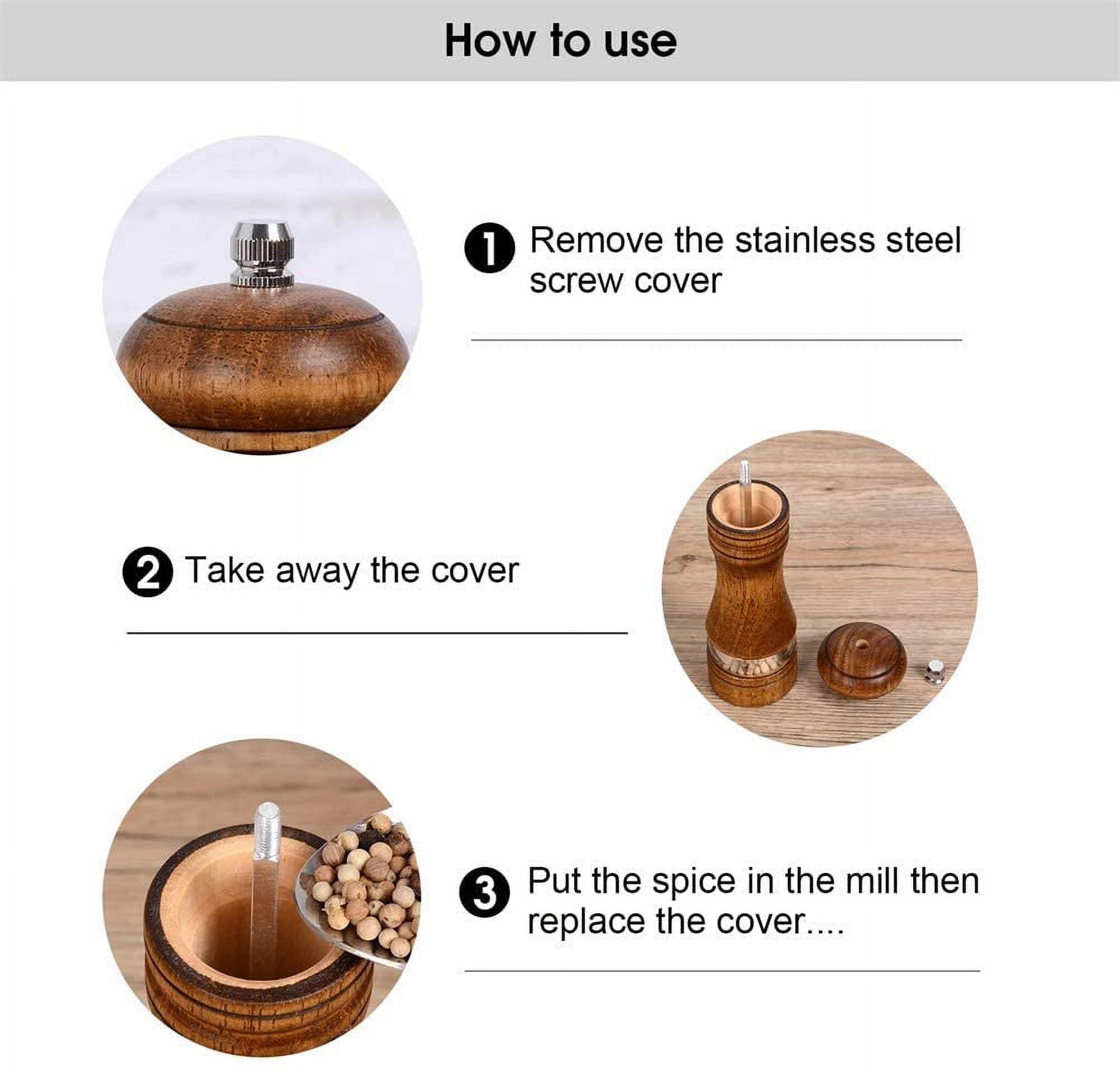 Pepper Grinder,Wood Salt and Pepper Grinder Mills Sets, Classic Manual Salt Grinder Refillable Pepper Mill Sets with Acrylic Visible Window Adjustable Ceramic Grinding Rotor 6.5inch 2 Pack