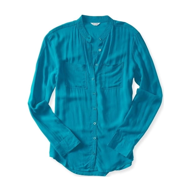 Aeropostale Camisa semitransparente con botones para mujer, verde, mediana