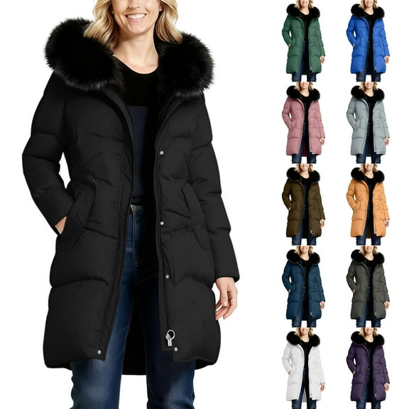 Otntypg Women Winter Down Puffer Coat Full Zip up Long Sleeve Thicken Warm Hooded Mid-Length Down Jacket for Women with Faux Fuzzy Trim Hood and Pile Collar Pink M