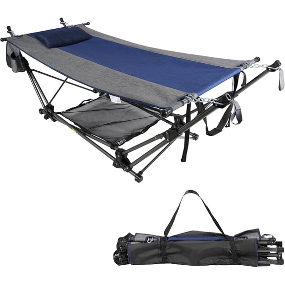 RedSwing Portable Folding Hammock with Stand,Foldable Camping Hammock with Removable Pillow,Storage Net,Foldable Lounge Camping Bed for Adults for Outdoor,Backyard,Beach,Garden,Lawn