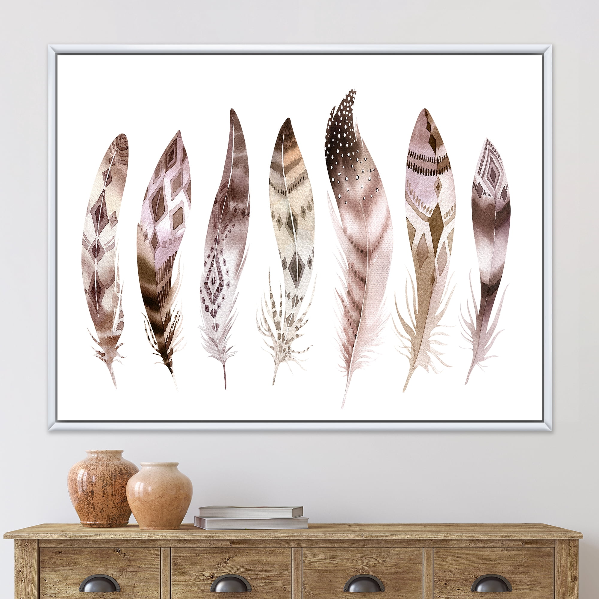 Designart 'Colourful Boho Art Feather Set X' Bohemian & Eclectic Framed Canvas Wall Art Print