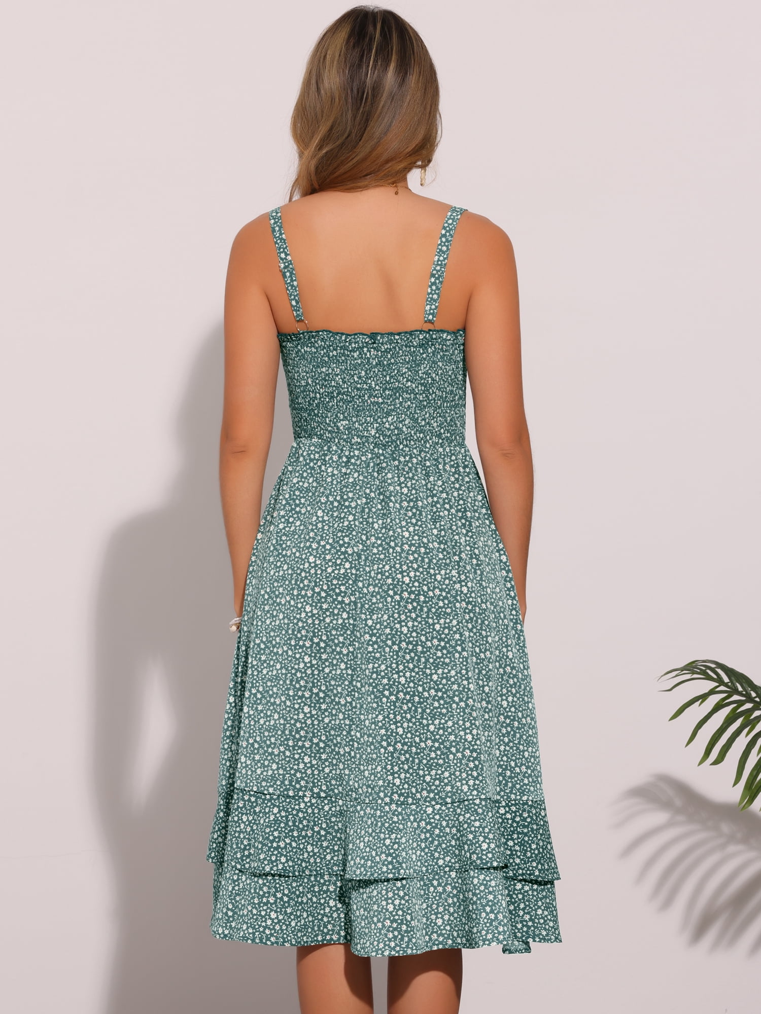 DARING DIVA Floral Ruffle Midi Smocked High Waist Sleeveless Dress XL Green