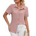 thumbnail image 6 of Odeerbi Button Down Shirts for Women Summer 2025 Casual Elegant Tops Fashion Short Sleeve Round Neck Easter Blouse Solid Color Loose T-Shirt Pink, 6 of 9