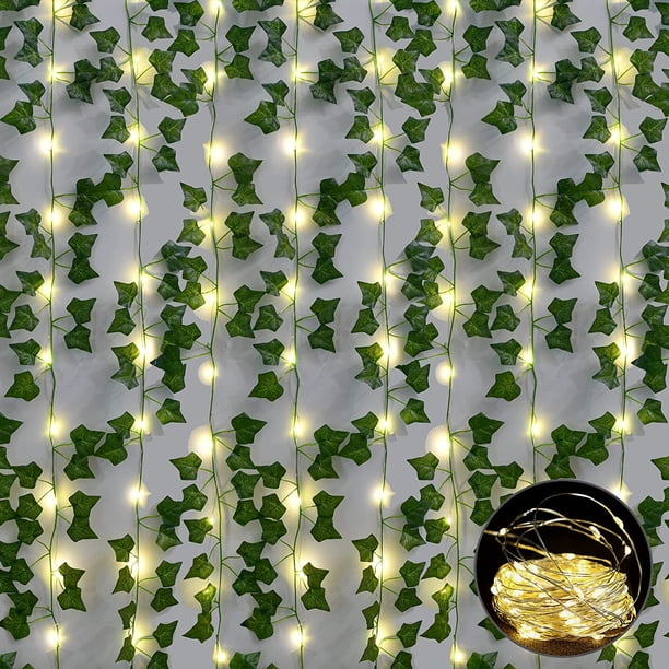 Guirnalda de hiedra artificial Plantas 16 piezas 110 pies (33,6 m) Hoja de vid verde con cadena de luz 20 m 200 LED Decoración Celebración al aire libre Boda Fiesta Cocina Jardín Oficina Patio Terraza esquí esquí Gafas de esquí