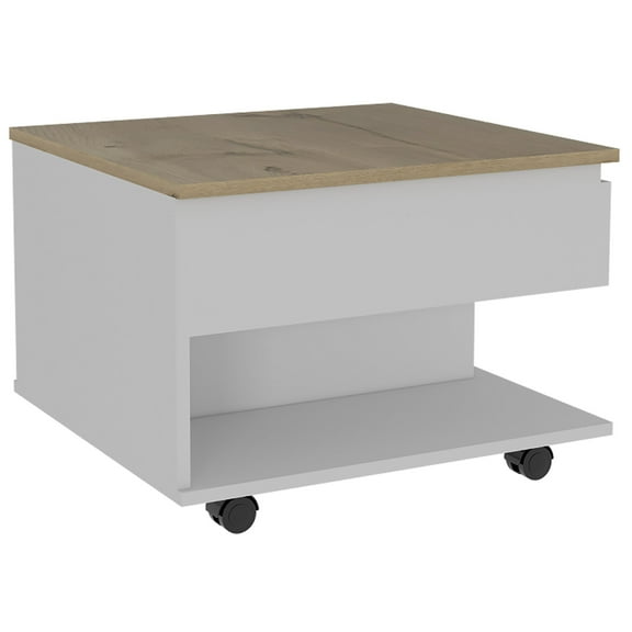 TUHOME Luanda Lift Top Wooden Coffee Table with Casters and One Shelf, White/Light Oak