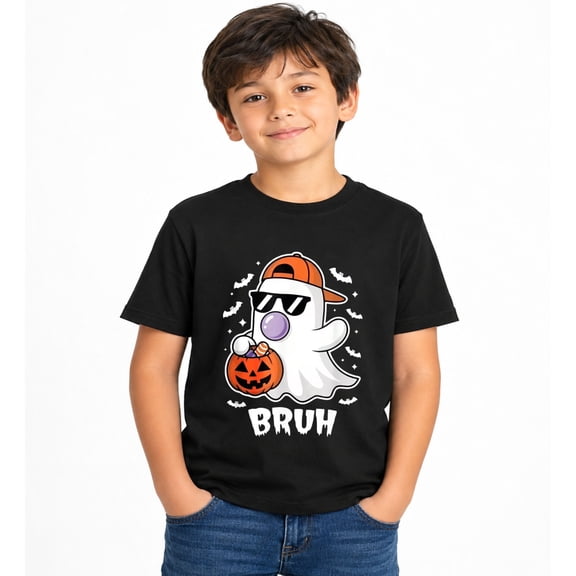 Halloween Cool Ghost with Pumpkin T-Shirt for Boys, Cute Graphic Short Sleeve Shirt for Autumn Seasonal Wear
