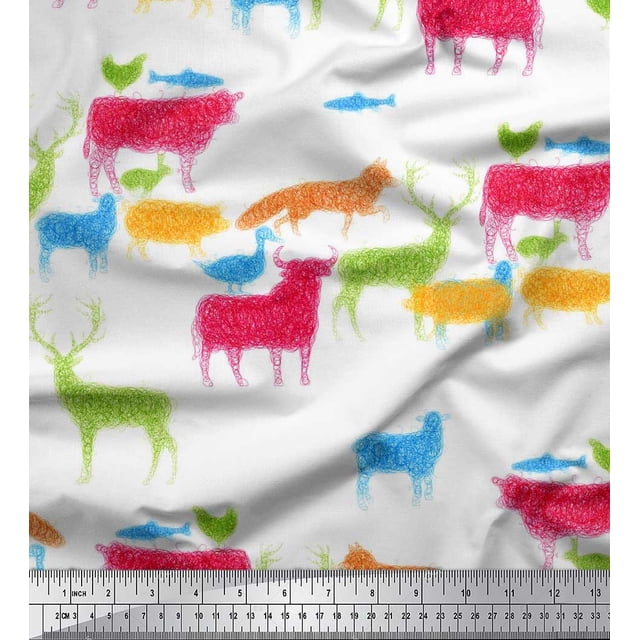 Soimoi polyester Crepe Fabric Birds & Animals Hand Drawn Print Fabric by Yard 42 Inch Wide