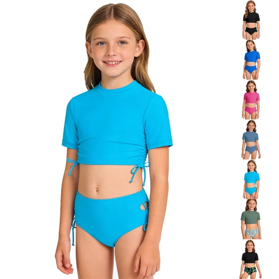 UJNDER Girls Two Piece Swimsuit High Waist Bandeau Top and Bottom Bikini Set for Swimming and Beach Play Tween Girl Bathing Suits Sky Blue,9-10 Years