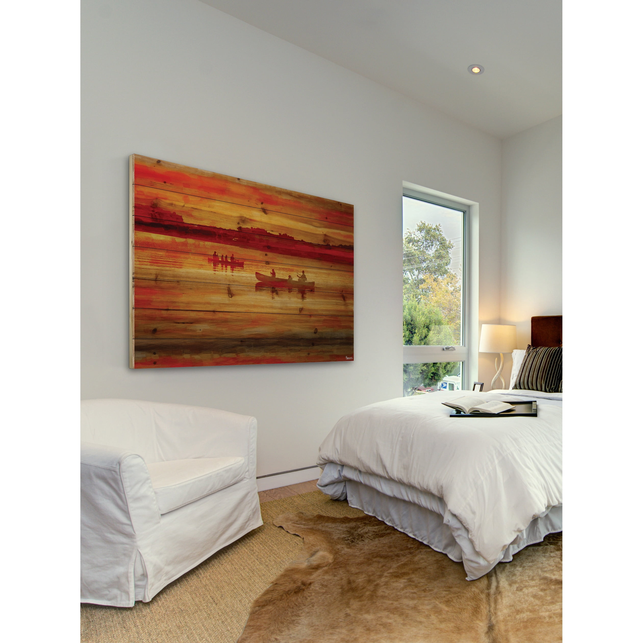 Parvez Taj  - Sunset Paddle Painting Print on Natural Pine Wood - Multi-Color 36 x 24