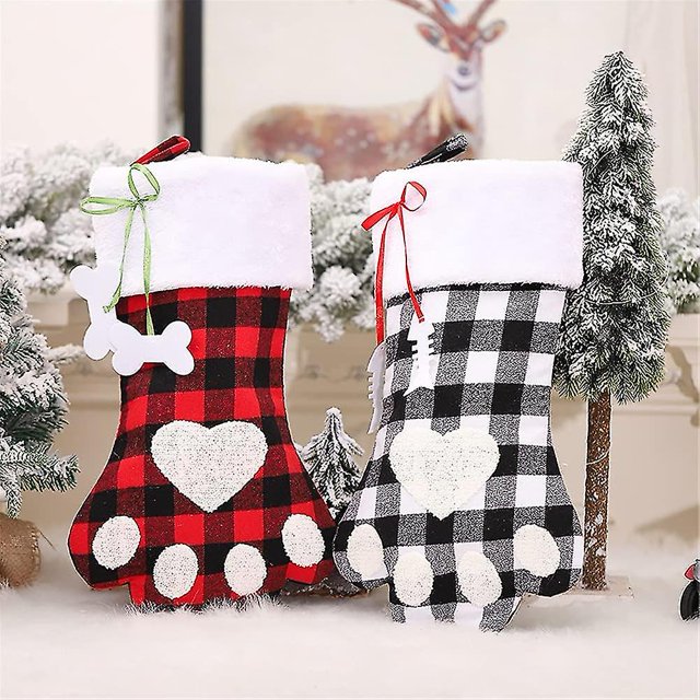 Paquete de 2 medias navideñas para perros y gatos, 18 medias navideñas con lindas patas grandes a cuadros de búfalo para mascotas, decoraciones navideñas colgantes personalizadas (