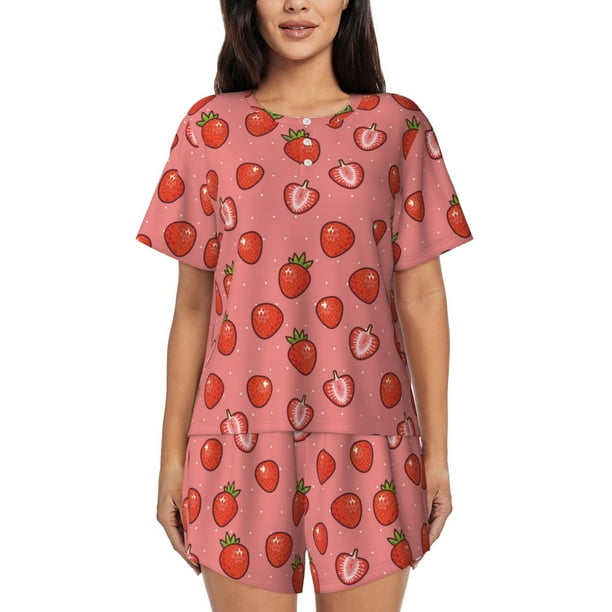 Fotbe Red Strawberry Conjunto de Pijama Estampado para Mujer, 2 Piezas, Ropa de Dormir con Camiseta de Manga Corta y Shorts Suaves-Medium