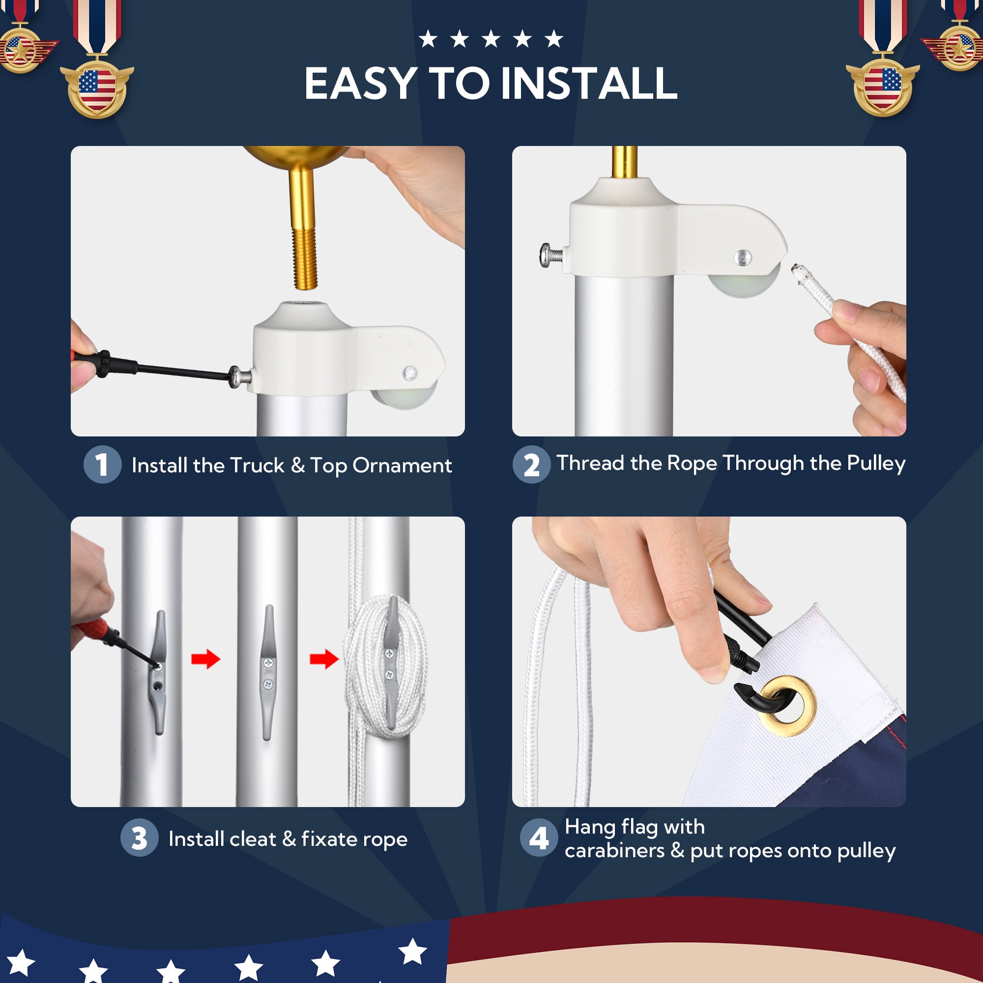 Yescom ALL Aluminum Flag Pole Hardware Repair Kit 50FT Wire Core Halyard Rope Gold Ball Topper for 20/25/30 FT Sectional Pole with 1 13/16" Dia.