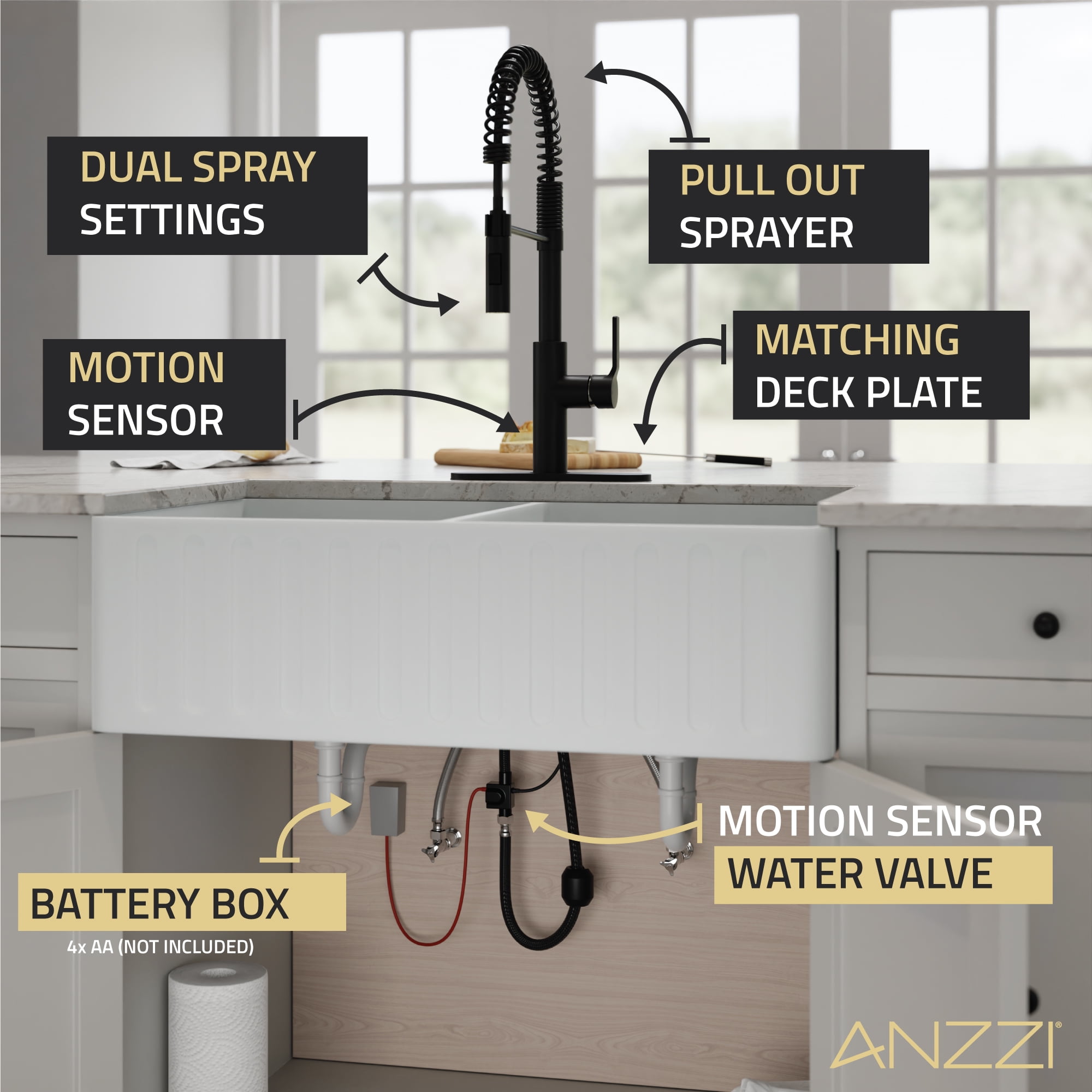 Anzzi Ola Hands Free Touchless 1-Handle Pull-Down Sprayer Kitchen Faucet in Matte Black
