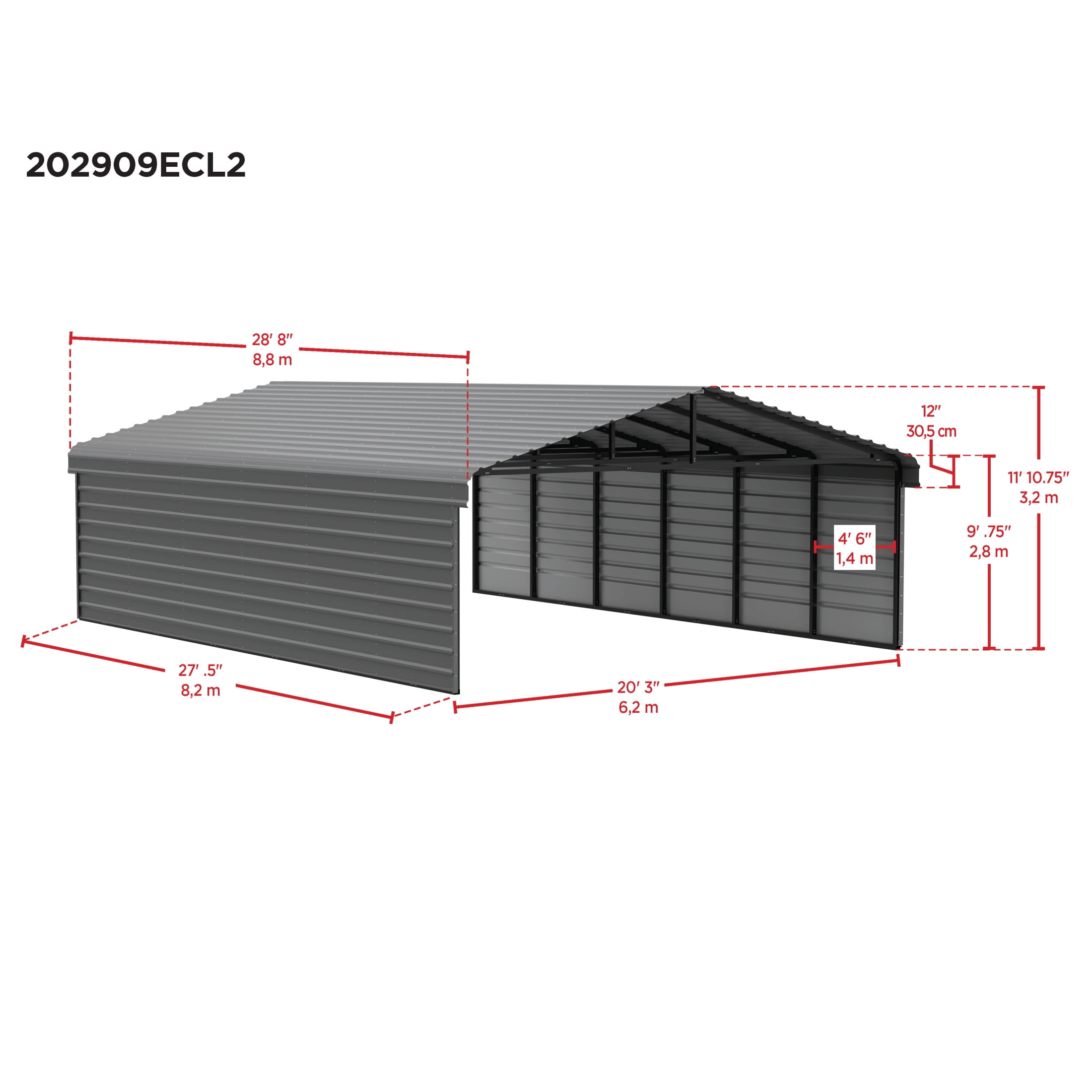 Arrow 20 x 29 x 9 ft Eggshell Steel Carport With 2 Side Wall Kit