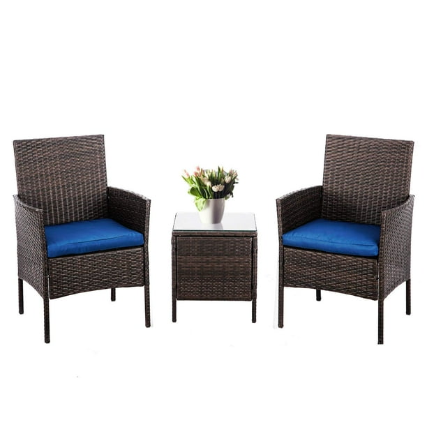 Suncrown 3 Piece Outdoor Patio Bistro Table Set Wicker Chairs All Weather Brown Wicker And Glass Side Table Nautical Navy Cushion Walmart Com Walmart Com