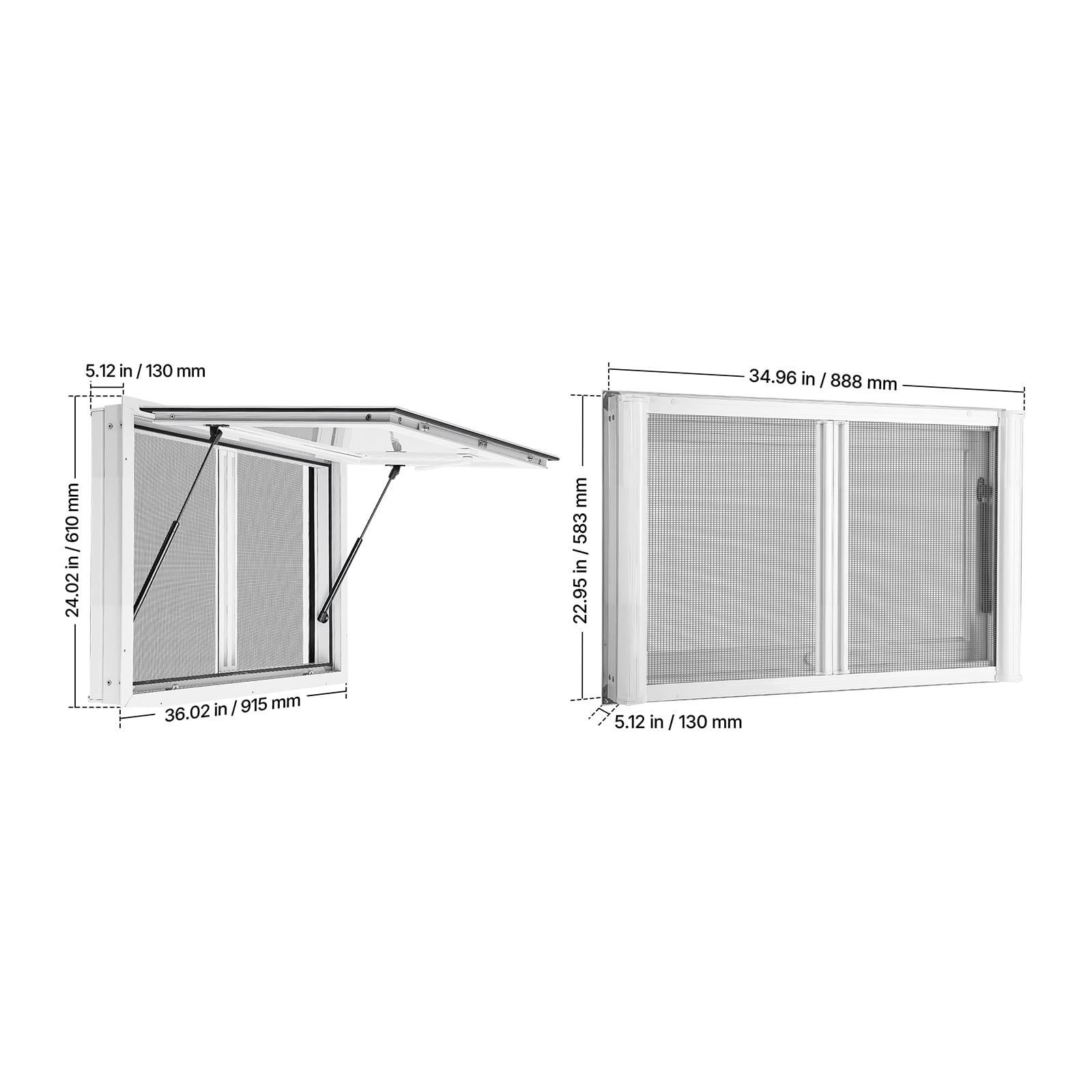 KFFKFF Concession Window 36x24 in Aluminum Alloy & Acrylic Service Window, Designed for Food Trucks, Features 85-Degree Stand Serving, Dual Sliding Screen Windows, Awning Door, Drag Hook.