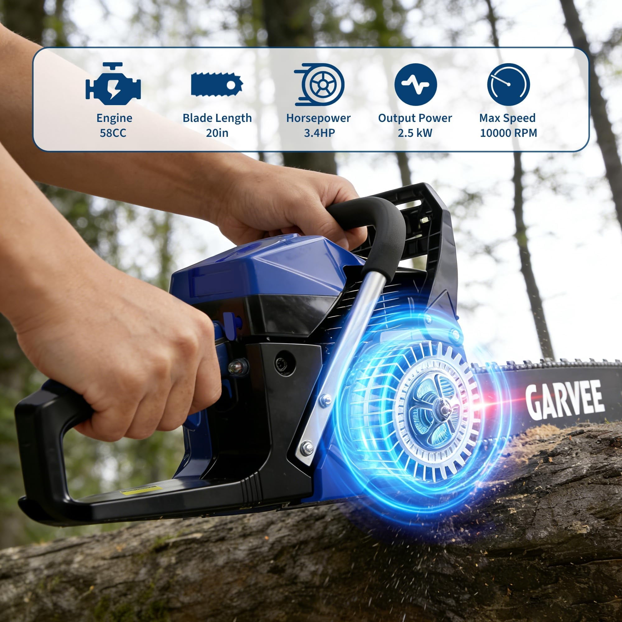 58cc Gas Chainsaw, 2-Stroke Engine, 2.5 kW Power, Quick Start, Chain Brake, Anti-Vibration, Non-Slip Handle, 3.4 HP, Blue