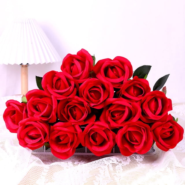 15 rosas artificiales de tallo largo, rosas de seda realistas, ramos de rosas de plástico auténtico para el hogar, bodas, centros de mesa, decoraciones, plantas verdes artificiales de plástico.