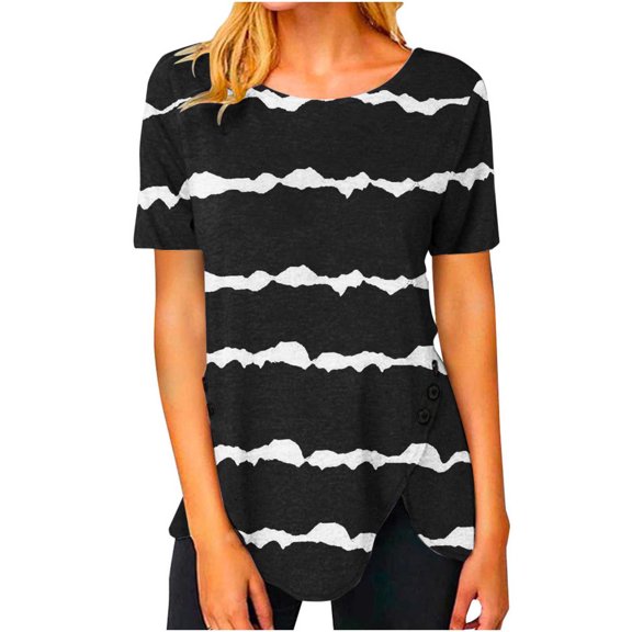 TIHLMK T Shirts for Women Black Fashion Woman Causal Round Neck Printing Blouse Short Sleeve T-Shirt Summer Tops Gift for Womens Tops