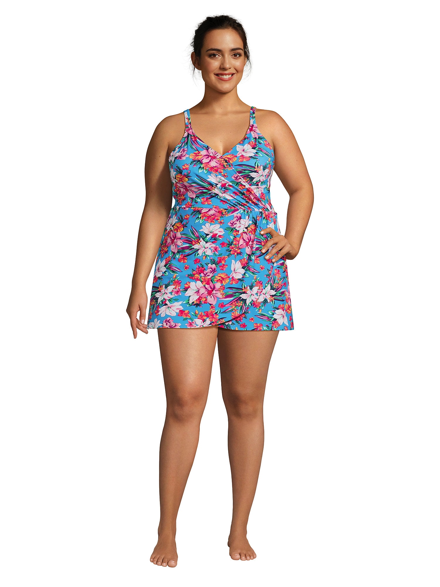 Lands End Womens Plus Size Chlorine Resistant V Neck Tulip Wrap Swim Dress One Piece Swimsuit 5016