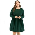 thumbnail image 2 of Women's Round Neck Long Sleeve T Shirt Dresses Pleated Loose Swing Casual Midi Dress Knee Length, 2 of 8