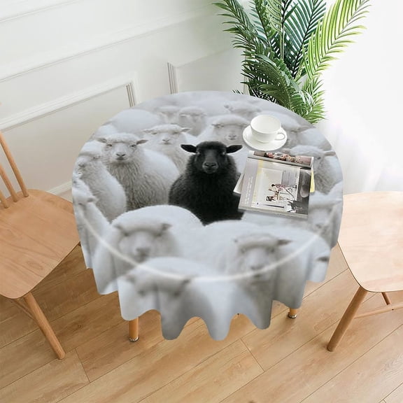 RKSupls 60 Inch Round Tablecloth, Black Sheep White Flock Premium Polyester Straight Edge Wrinkle Resistant Washable Table Cover for Party Home Dining Decor