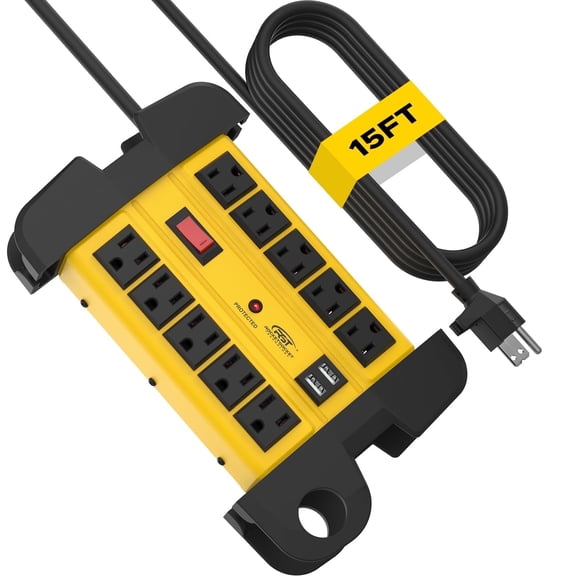 CRST Power Strip Surge Protector with Dual USB Metal Heavy Duty 10-Outlet 2800J 15FT Long Extension Cord 14AWG, Mountable and Hanging, ETL Listed (3165047)