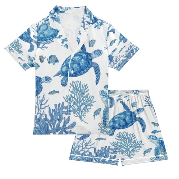 Silky Satin Kids' Pajama Set Breathable & Smooth Unisex Button-Down Pajamas Sea Turtles and Coral Reefs