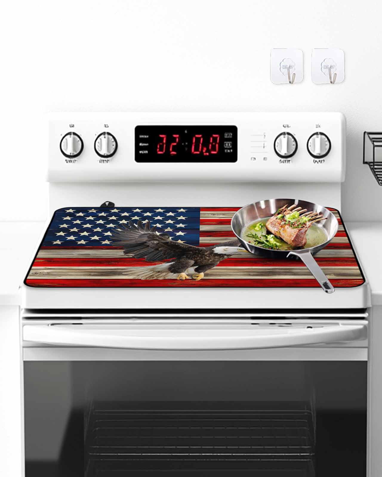 Stove Top Covers for Electric Stove, American Flag Glass Stovetop Cover Protector, Eagle Blue Red USA Flag Retro Induction Cooktop Protector Oven Mat for Kitchen Countertop 24"x21"