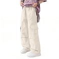 thumbnail image 6 of Lenpel Girls' Cargo Pants Cotton Elastic High Waisted Pull on Pleated Wide Leg Pants Baggy Casual Trousers with Pockets, 6 of 6