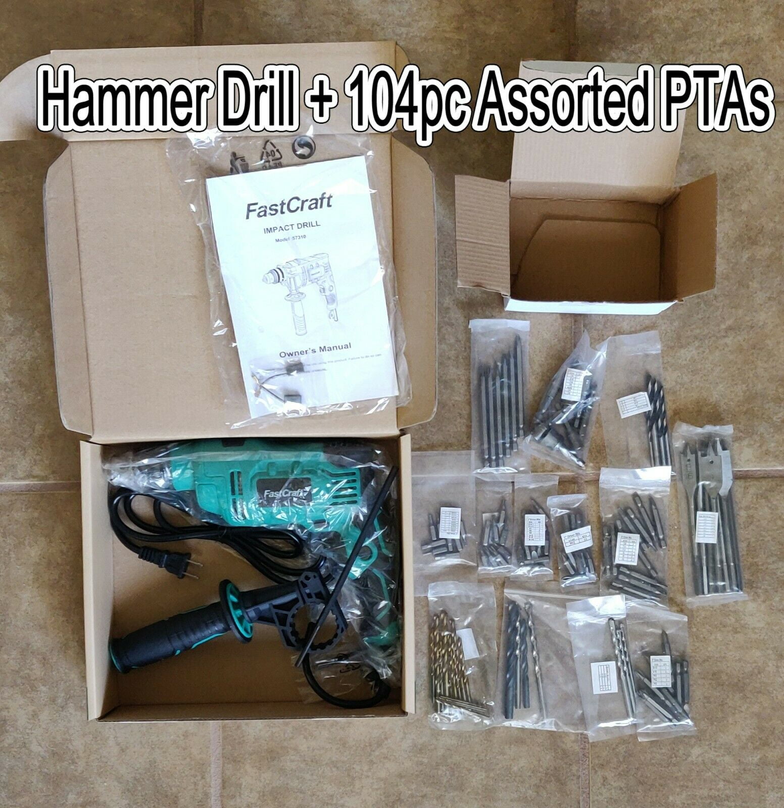 Hammer Drill- FastCraft Impact Drill Driver PRO 9A PEAK POWER 1/2-inch Chuck 0-2800RPM Dual Switch Drilling Driving, 360 Degree Rotating, 43mm Drill Collar 104pc Bit Set