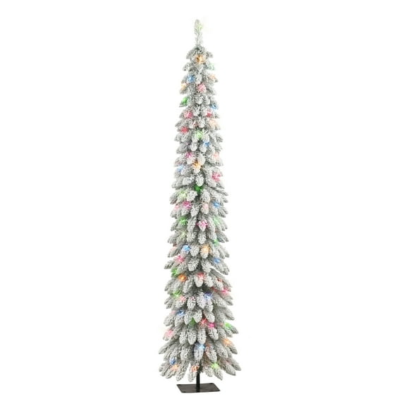 Puleo International 7 ft Pre-Lit Flocked Artificial Alpine Pencil Tree 318 Tips 150 Clear Lights