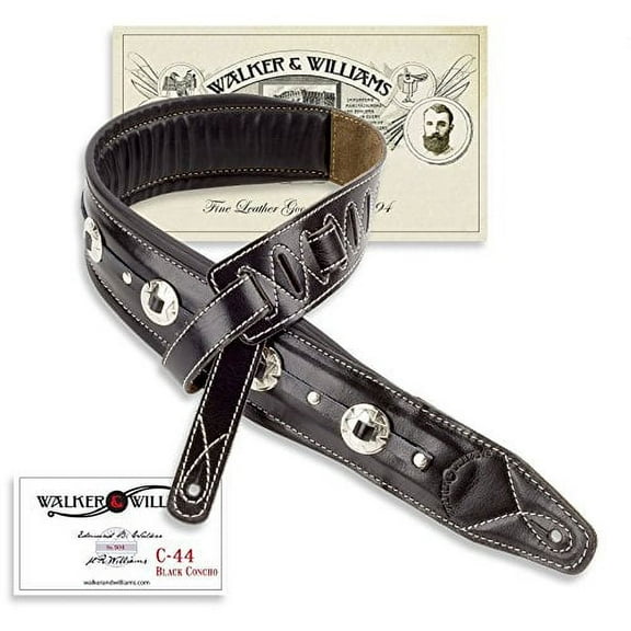 Walker & Williams C44 Premium Top Grain Black Leather Padded Concho Strap for Guitar or Bass 3.5" Wide