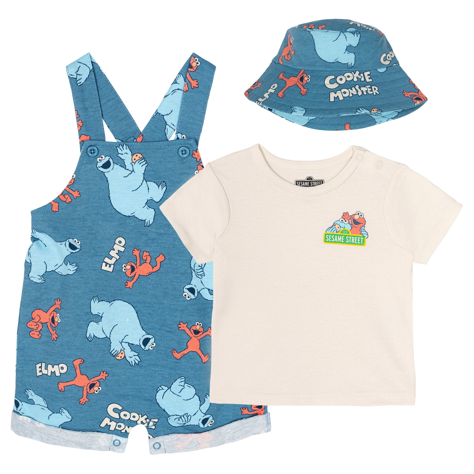 Sesame Street Baby Boys' 3-Piece Shortall, T-Shirt and Bucket Hat Outfit Set Teal Elmo and Cookie Monster