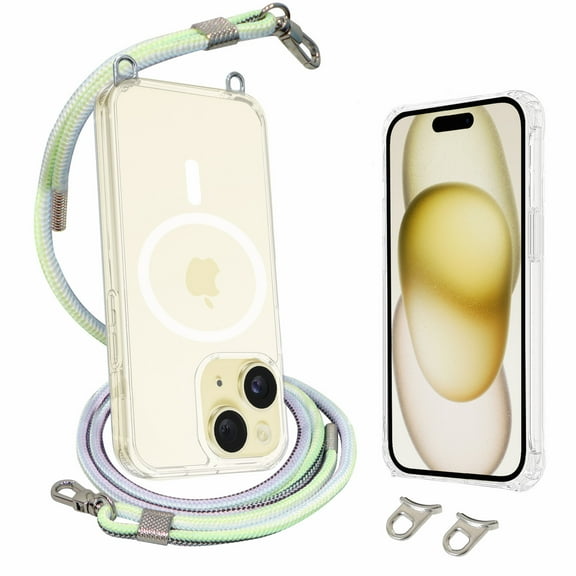 AHABIPERS Magnetic Clear Case for iPhone 15 6.1", Compatible with Magsafe, with Crossbody Strap Adjustable Neck Lanyard - 6 Color Mix