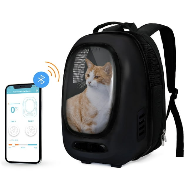 INSTACHEW Trekpod Smart Pet Carrier Backpack for Cats, Small Dogs and Puppies upto17 lbs, Intelligent Temperature Control, App- Enabled with 5V USB Portable Outlet, Hiking & Outdoor Use (Black)