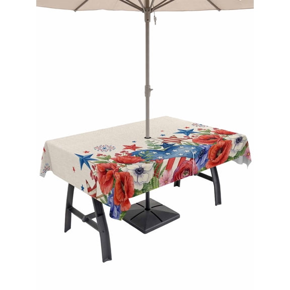 Outdoor Tablecloth with Umbrella Hole for Patio/Picnic/Party/Camping, 4th of July Waterproof Table Cloth Rectangle Table Cover Washable, Red Blue Independence Day Floral Star Rustic (60"x 84")