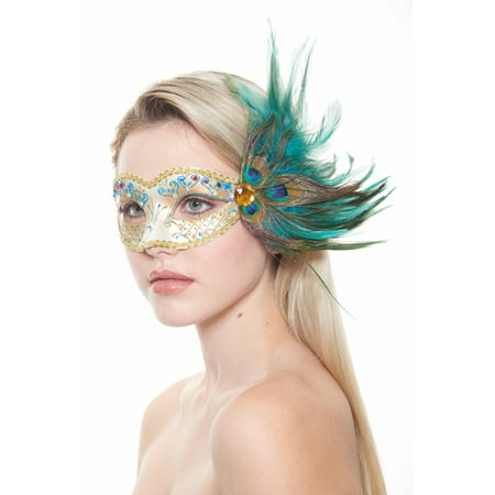 KAYSO INC FM009A  GOLD AND GREEN BEAUTIFUL CARNIVAL PLASTIC MASQUERADE MASK WITH FEATHERS