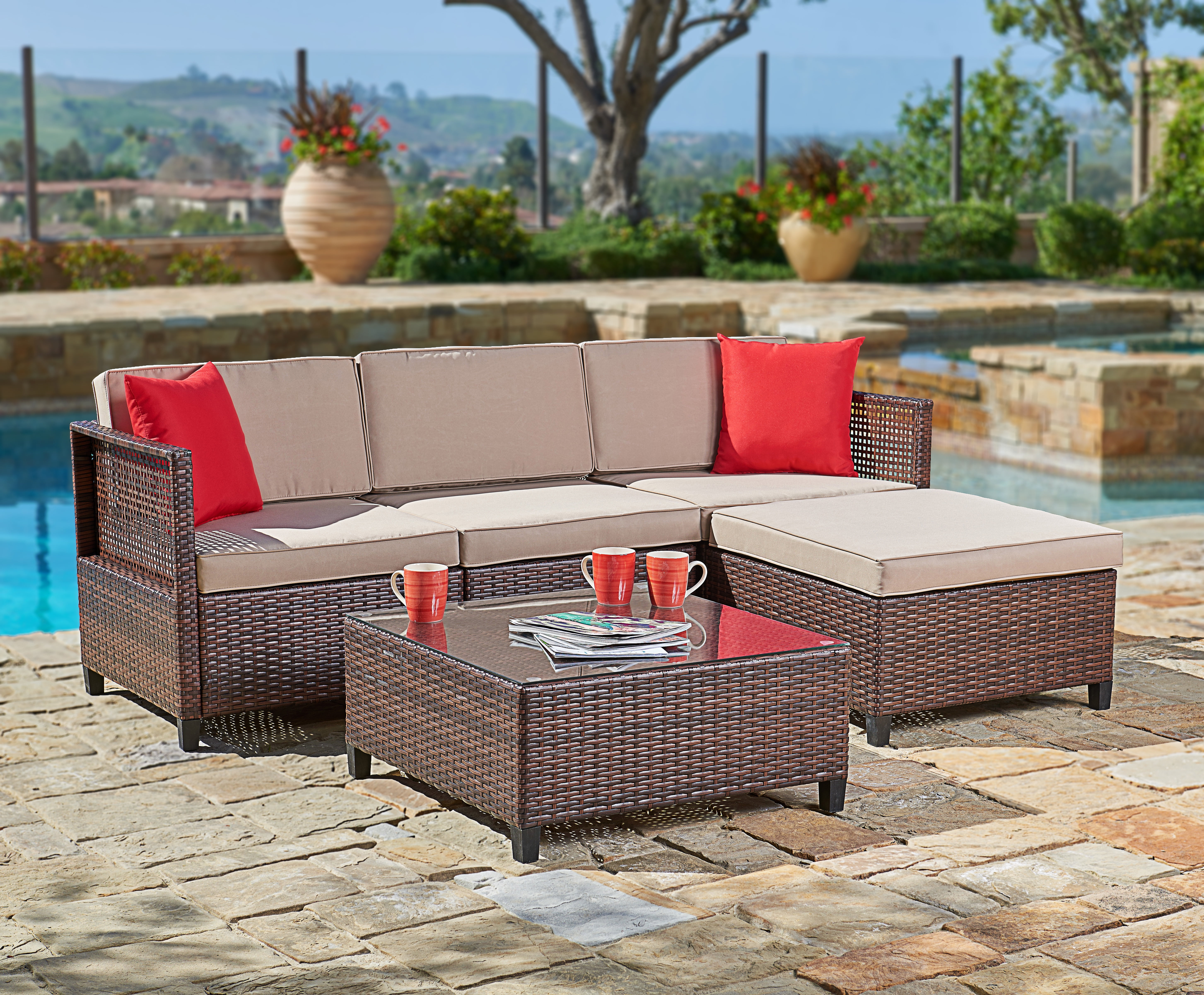 Suncrown Outdoor Furniture Sectional Sofa (5-Piece Set) All-Weather Brown Checkered Wicker... by Suncrown