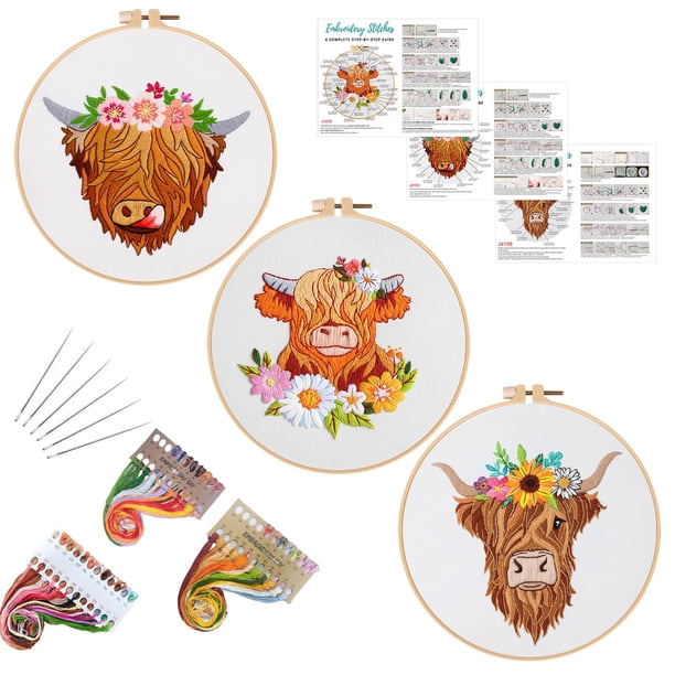 Kit de bordado Louise Maelys Highland Cow, 3 juegos con aro e hilos