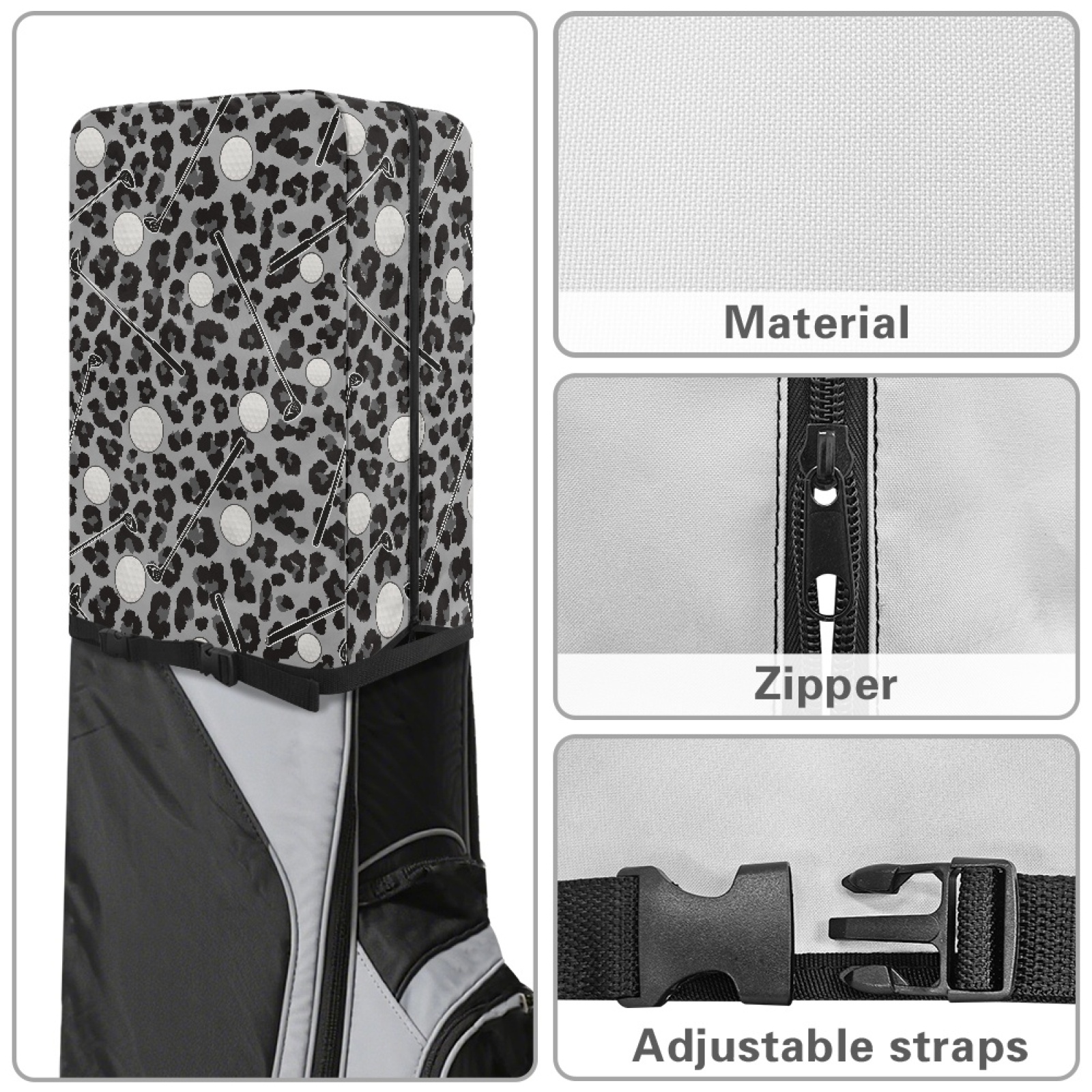 Yuyamidu Golf Ball Golf Bag Cover Gray Leopard Print Hood Golf Bag Dust Cover for Clubs Protection with Snap Button and Zipper