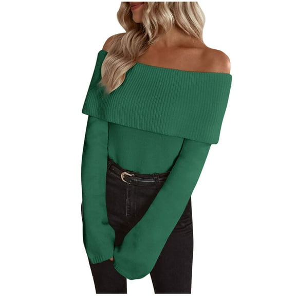 Womens Long Sleeve Off The Shoulder Lapel Sweater Casual Solid Color Fall Winter Sweaters Tops