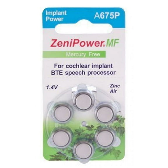 ZeniPower Cochlear Implant Batteries Size A675P Zero Mercury (102 Batteries)